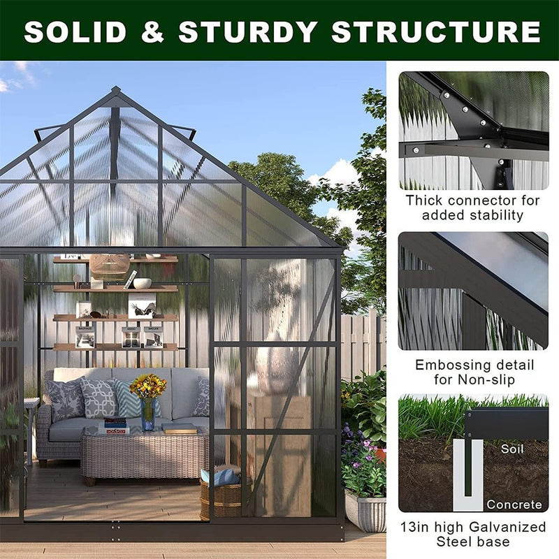Heavy Duty Outdoor Walk-In Polycarbonate Patio Greenhouse With Sliding Doors Amd Vents, 12x10x10FT Zoom Parts View