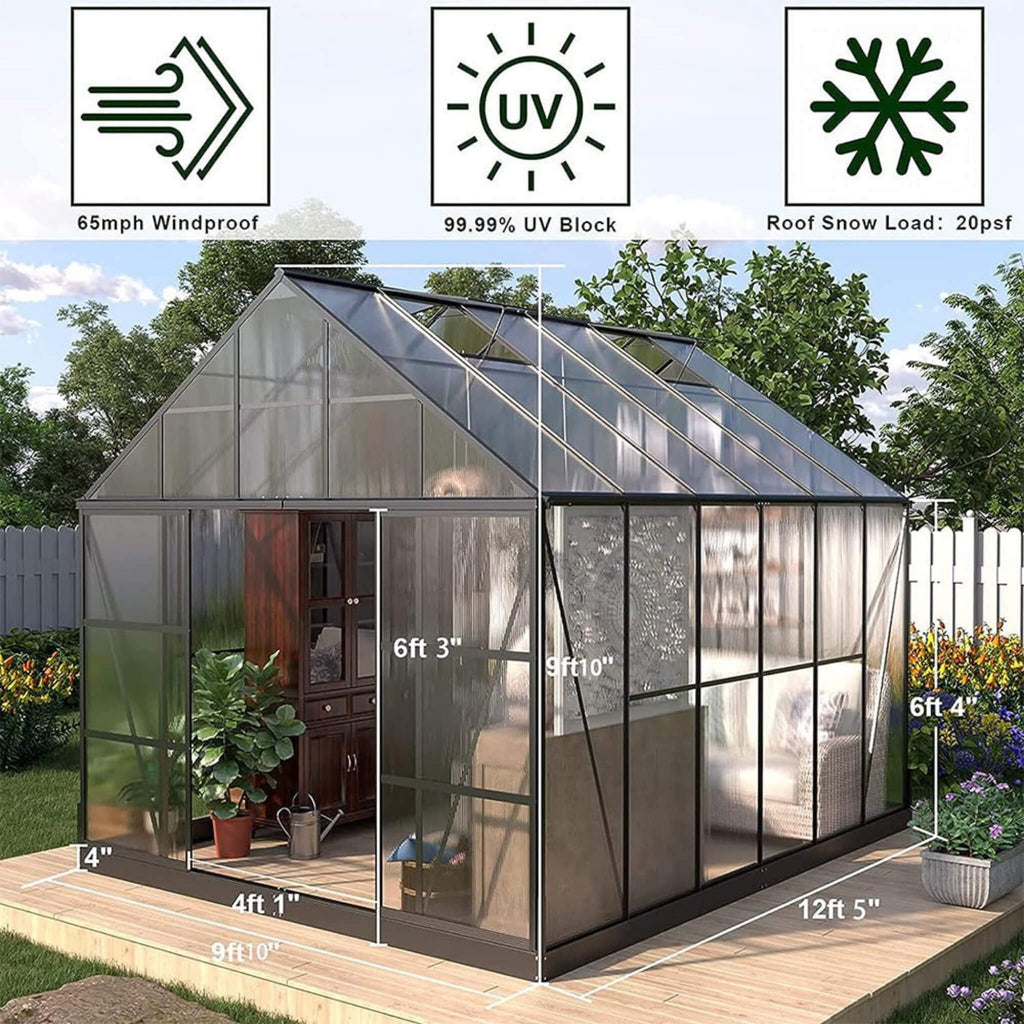 [10x12FT] Heavy Duty Outdoor Walk-In Polycarbonate Patio Greenhouse With Sliding Doors & Vents (SAK92846) - Saksby Wholesale - Dimension View