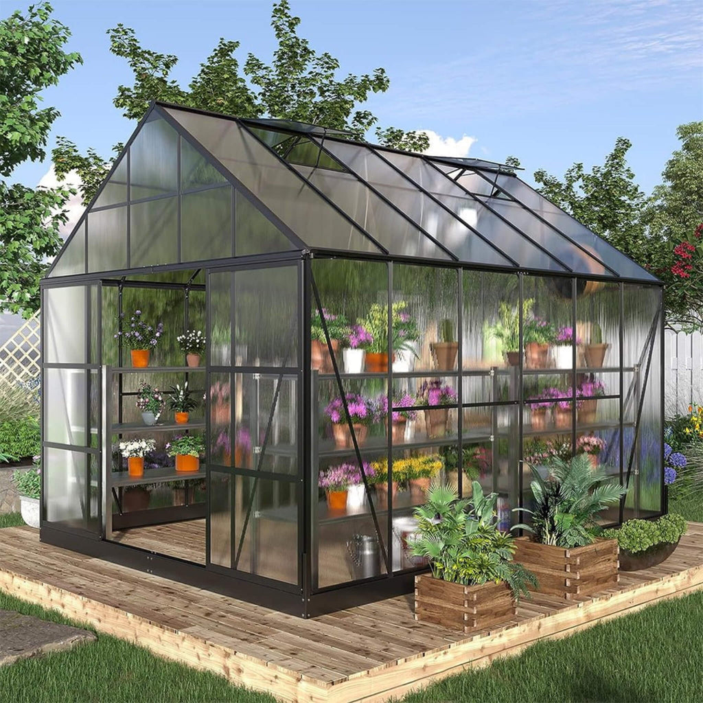 [10x12FT] Heavy Duty Outdoor Walk-In Polycarbonate Patio Greenhouse With Sliding Doors & Vents (SAK92846) - Saksby Wholesale - Front Left View