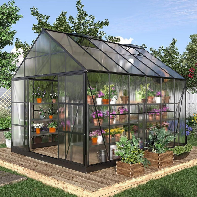 [10x12FT] Heavy Duty Outdoor Walk-In Polycarbonate Patio Greenhouse With Sliding Doors & Vents (SAK92846) - Saksby Wholesale - Front Left View