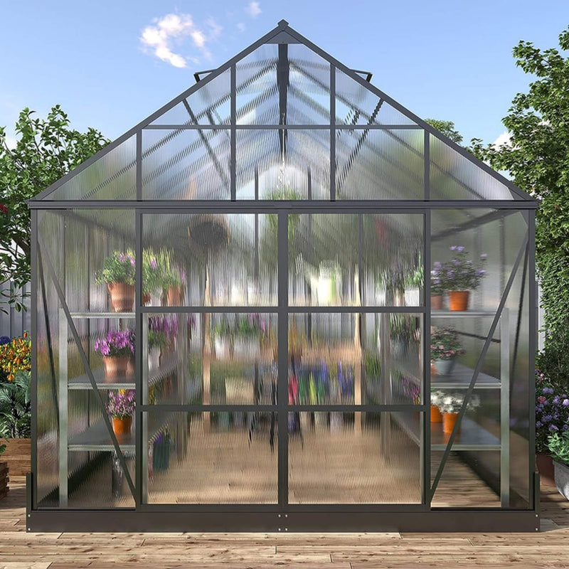 [10x12FT] Heavy Duty Outdoor Walk-In Polycarbonate Patio Greenhouse With Sliding Doors & Vents (SAK92846) - Saksby Wholesale - Front View