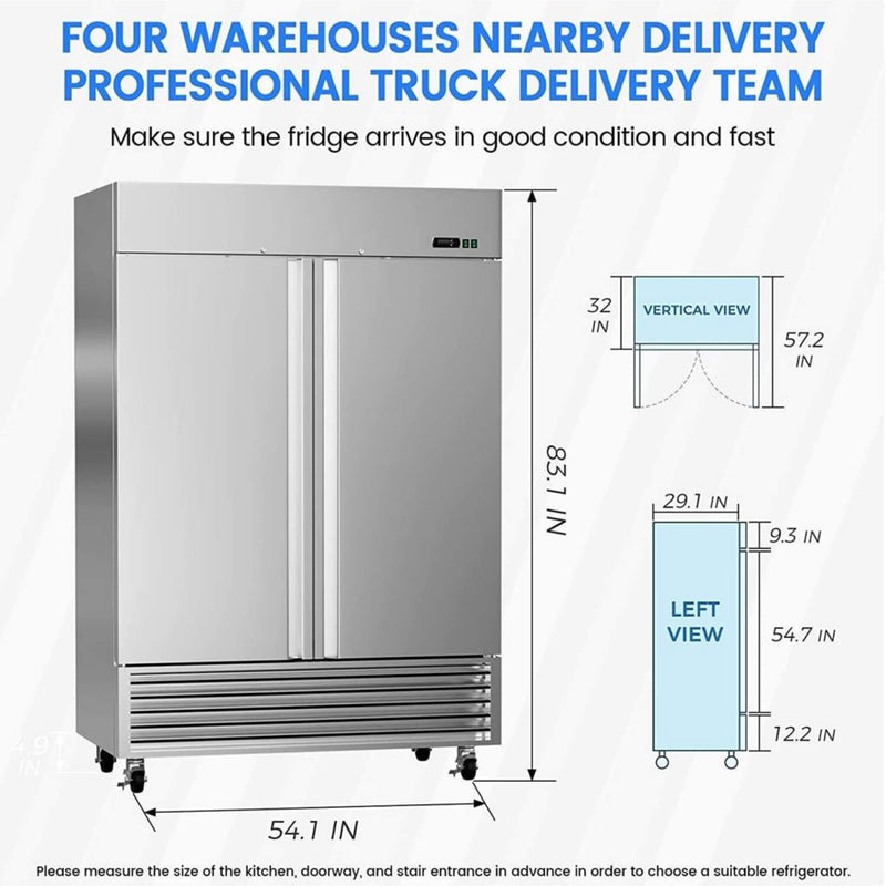 Large 49 Cu.Ft. Two Door Stainless Steel Commercial Industrial Restaurant Freezer, 54" (SAK57246) - Saksby Wholesale - Dimension View