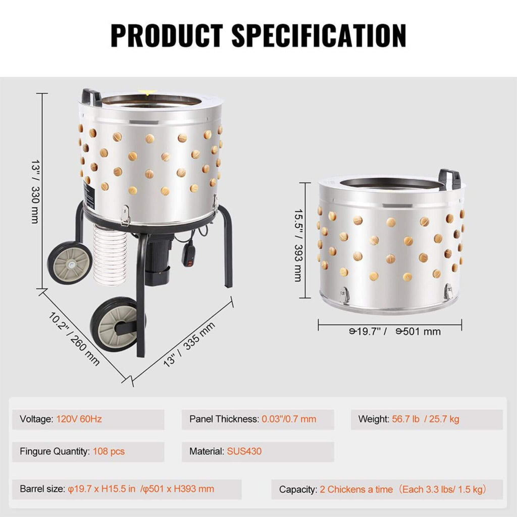 Large 20-Inch Heavy-Duty Chicken Defeathering Plucker Machine (SAK35879) - Saksby Wholesale - Product Specification