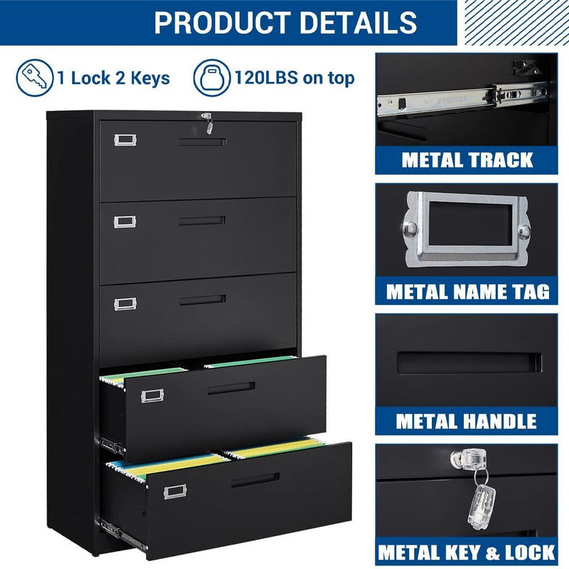 Large 5 Drawer Lateral Office Metal Storage Filing Cabinet With Lock, 64" (95724013) - SAKSBY.com - Cabinets & Safes - SAKSBY.com