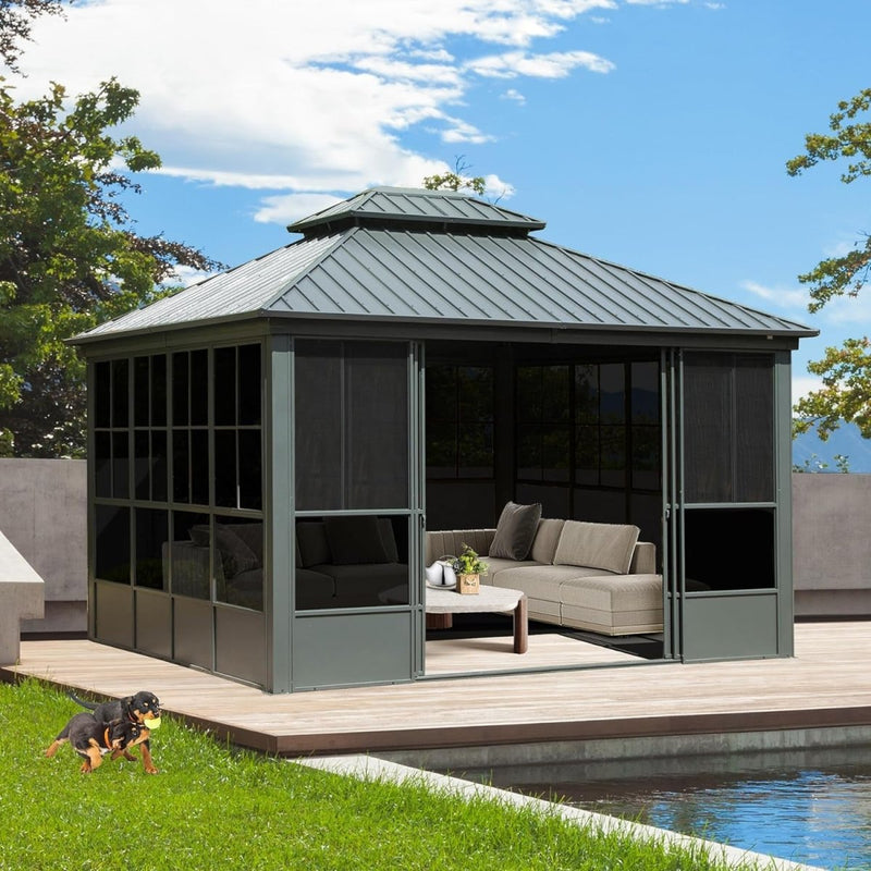 Large Heavy Duty All-Season Steel Top Aluminum Double Roof Backyard Gazebo, 12x14FT (97284136) - SAKSBY.com - Canopies & Gazebos - SAKSBY.com