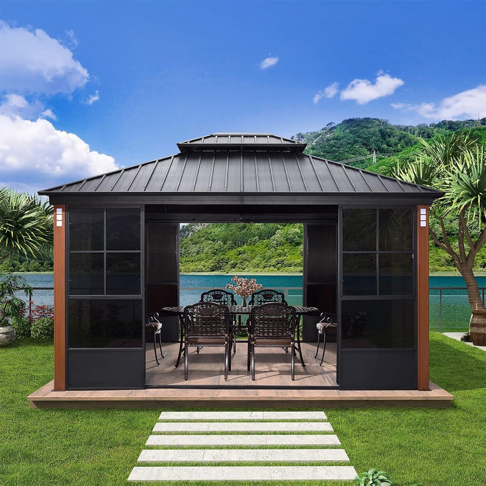 Large Heavy Duty Outdoor Aluminum Patio Hard Double Steel Top Backyard Sun Room Gazebo, 12x14FT (94625371) - SAKSBY.com - Canopies & Gazebos - SAKSBY.com