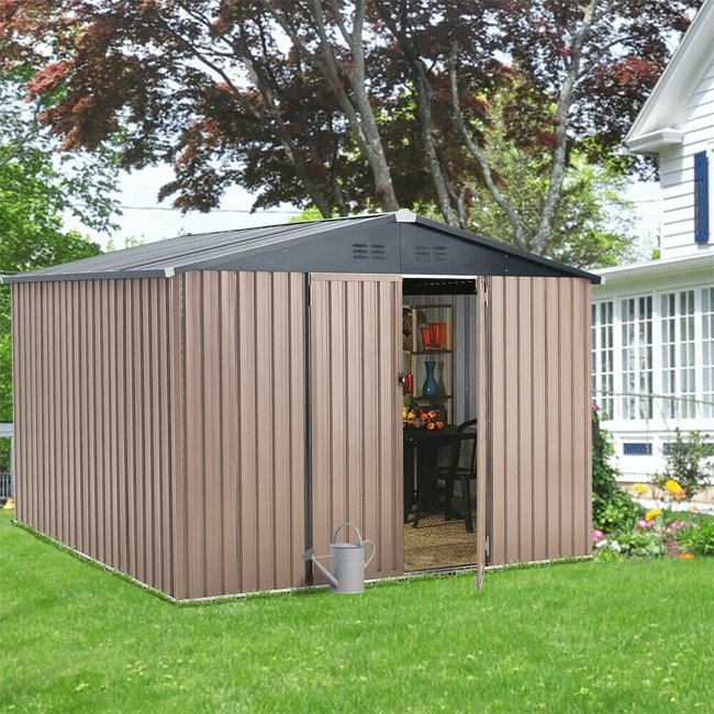 Large Heavy Duty Outdoor Metal Garden Tools Storage Utility Shed W/ Lockable Door, 8x10' - SAKSBY.com - Side View