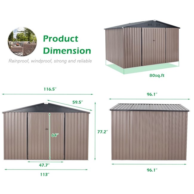 Large Heavy Duty Outdoor Metal Garden Tools Storage Utility Shed W/ Lockable Door, 8x10' - SAKSBY.com -Zoom Parts View
