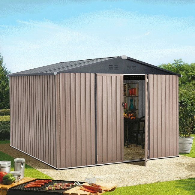 Large Heavy Duty Outdoor Metal Garden Tools Storage Utility Shed W/ Lockable Door, 8x10' - SAKSBY.com - Side View