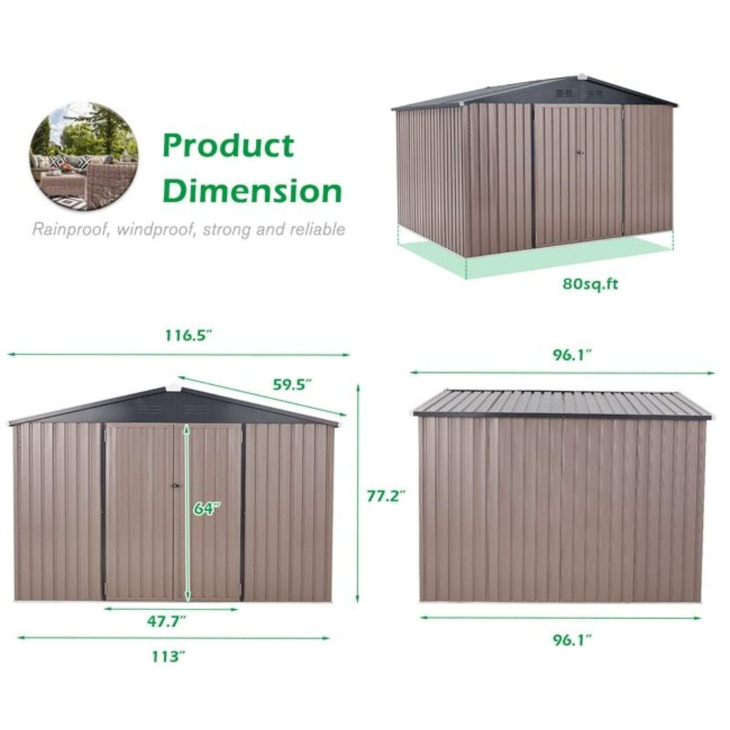 Large Heavy Duty Outdoor Metal Garden Tools Storage Utility Shed W/ Lockable Door, 8x10' (SAK72751) - Saksby Wholesale - Dimensions