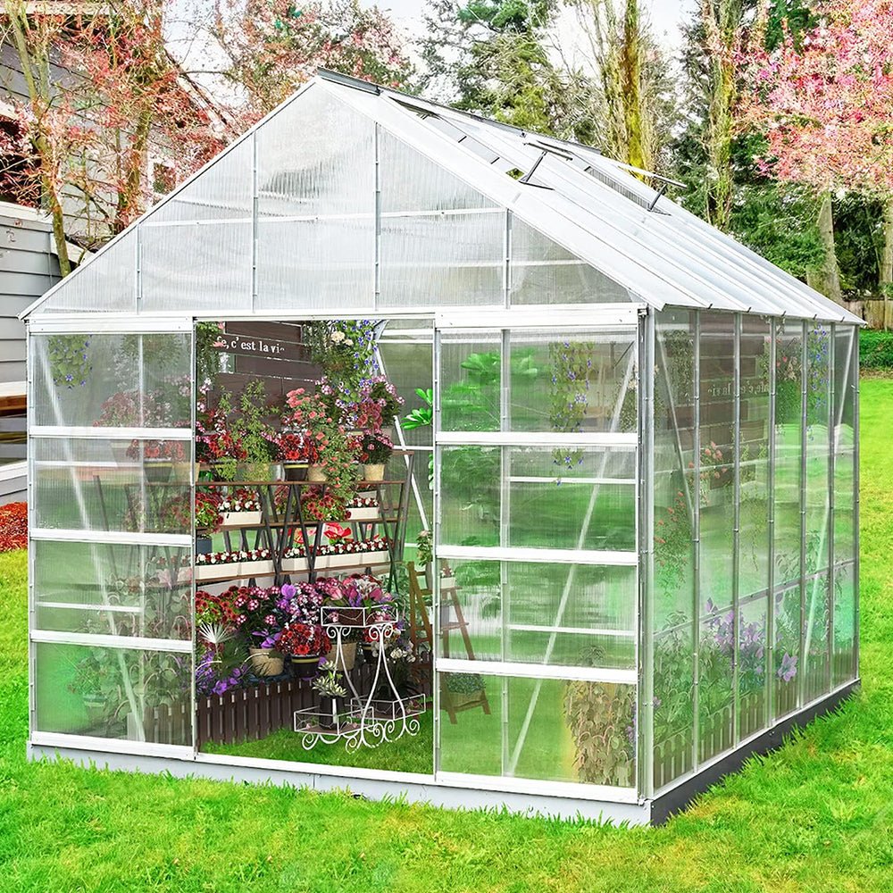 Large Heavy Duty Outdoor Walk-In Polycarbonate Aluminum Frame Greenhouse W/ Adjustable Vents & Sliding Demonstration View