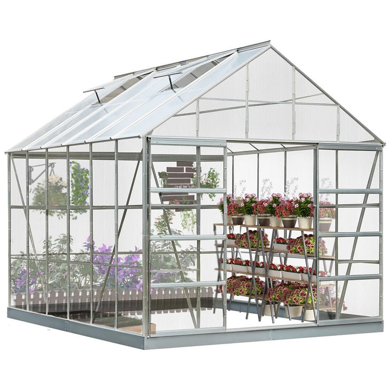 Large Heavy Duty Outdoor Walk-In Polycarbonate Aluminum Frame Greenhouse W/ Adjustable Vents & Sliding Doors, Side View