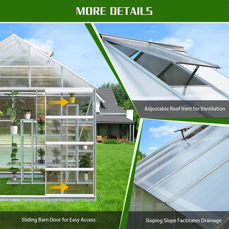 Large Heavy Duty Outdoor Walk-In Polycarbonate Aluminum Frame Greenhouse W/ Adjustable Vents & Sliding Demonstration View