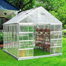Large Heavy Duty Outdoor Walk-In Polycarbonate Aluminum Frame Greenhouse With Adjustable Vents & Sliding Doors, Side View