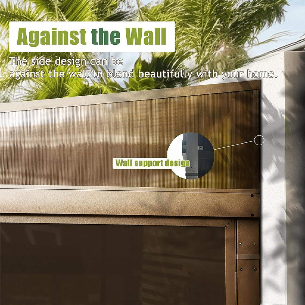 [12X14FT] Large Outdoor All-Season Wall Mounted Sunroom Solarium With Galvanized Steel Roof & Moveable PVC Screen (SAK46475) - Saksby Wholesale - Wall Support View