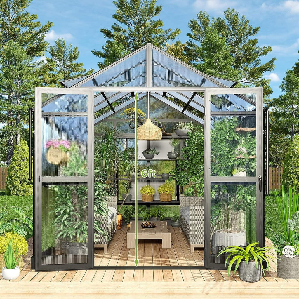 [08X12FT] Large Premium Outdoor Aluminum Polycarbonate Greenhouse With Double Swing Doors (SAK92641) - Saksby Wholesale - Entrance View In Lifestyle Image