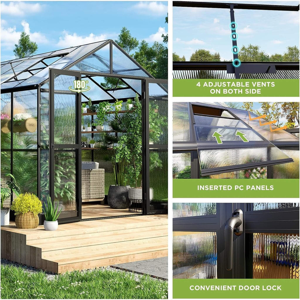 [08X12FT] Large Premium Outdoor Aluminum Polycarbonate Greenhouse With Double Swing Doors (SAK92641) - Saksby Wholesale - Features