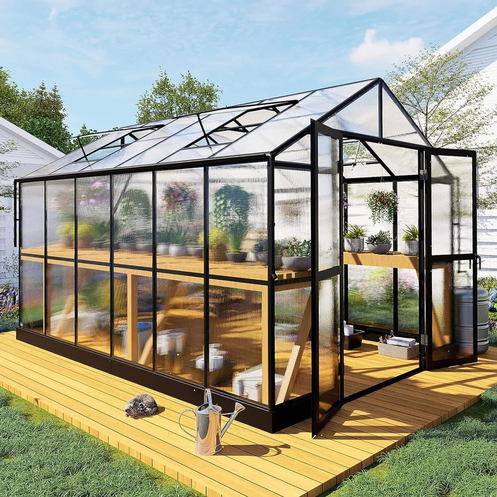 [08X12FT] Large Premium Outdoor Aluminum Polycarbonate Greenhouse With Double Swing Doors (SAK92641) - Saksby Wholesale - Lifestyle Image With Plants Inside