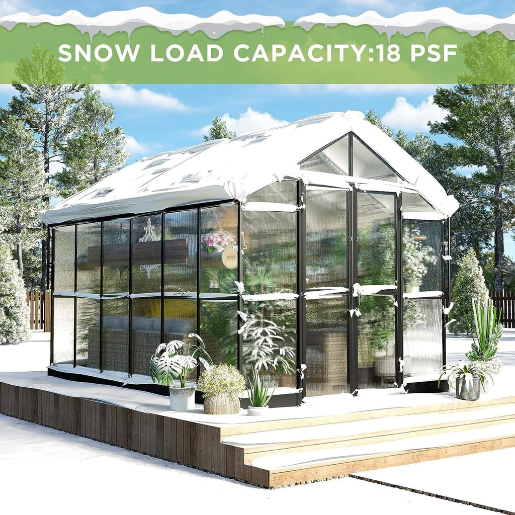 [08X12FT] Large Premium Outdoor Aluminum Polycarbonate Greenhouse With Double Swing Doors (SAK92641) - Saksby Wholesale - Lifestyle Image With Snow