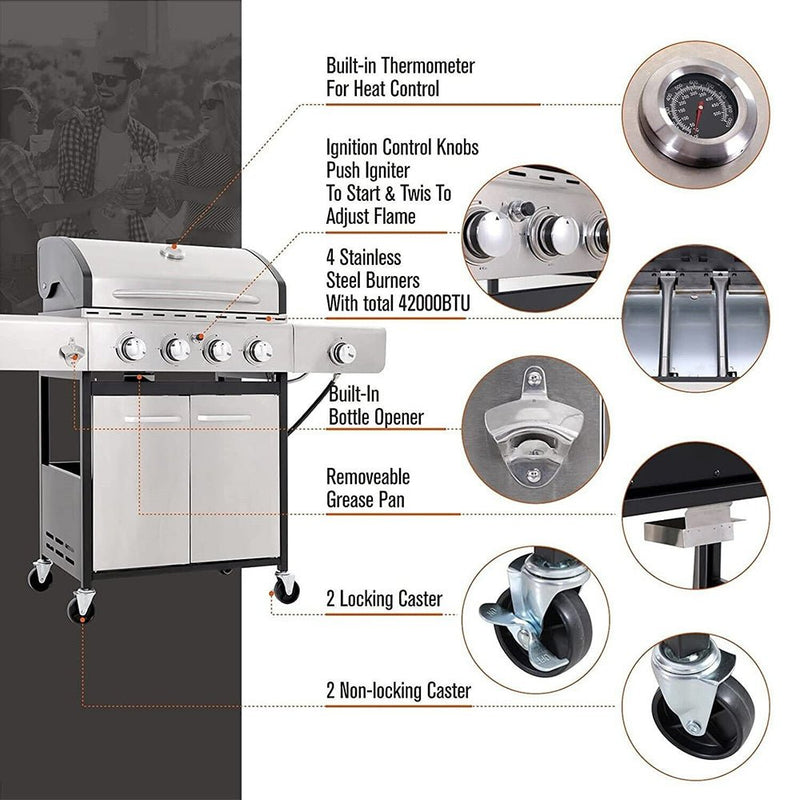 Large Outdoor BBQ Stainless Steel Propane Gas Grill With 4 Burners, 42K BTU (93564712) -Zoom Parts View