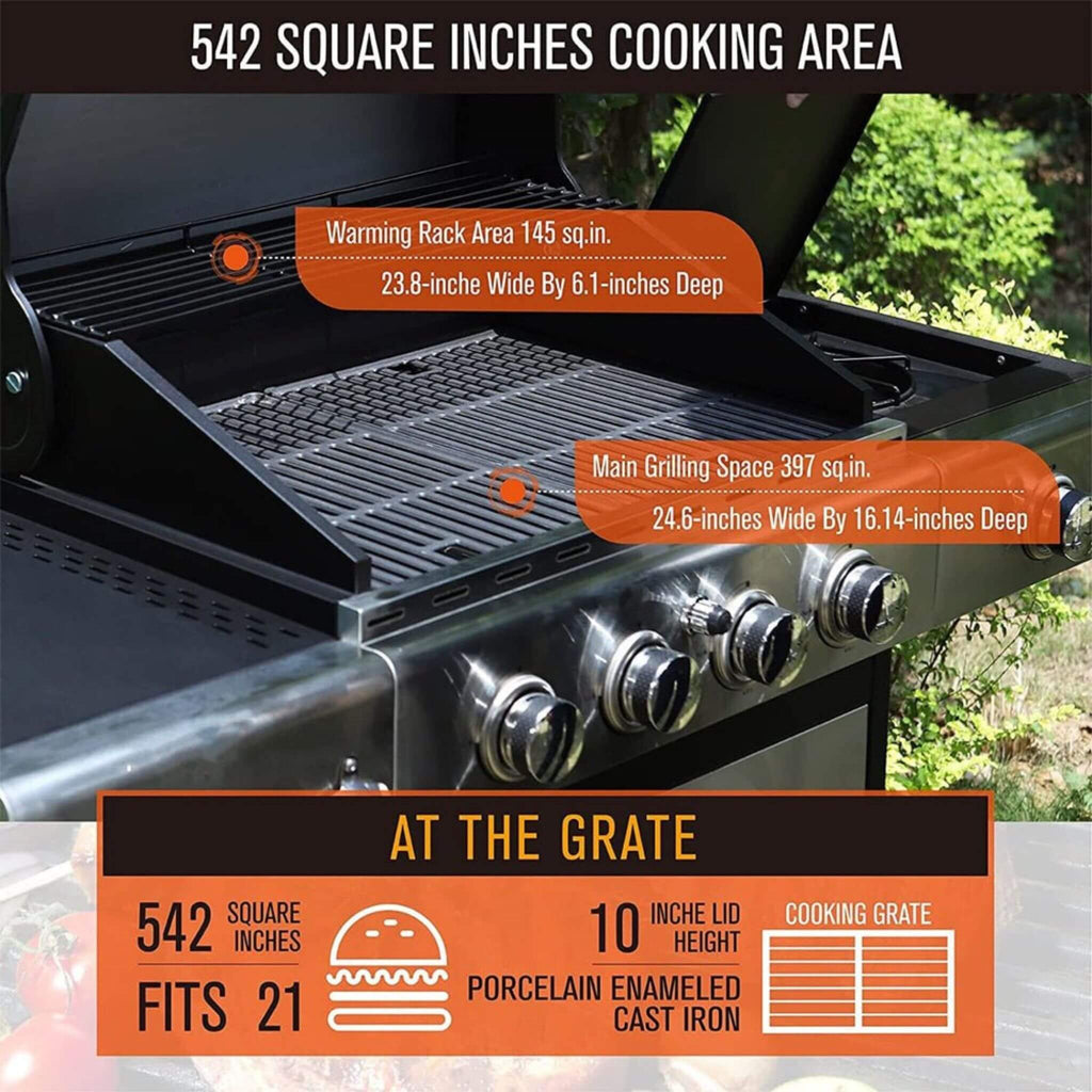 Large Outdoor BBQ Stainless Steel Propane Gas Grill With 4 Burners, 42K BTU (SAK61283) - Saksby Wholesale - Cooking Area Dimensions