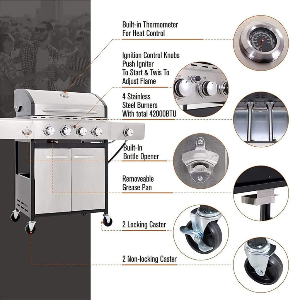 Large Outdoor BBQ Stainless Steel Propane Gas Grill With 4 Burners, 42K BTU (SAK61283) - Saksby Wholesale - Parts Details