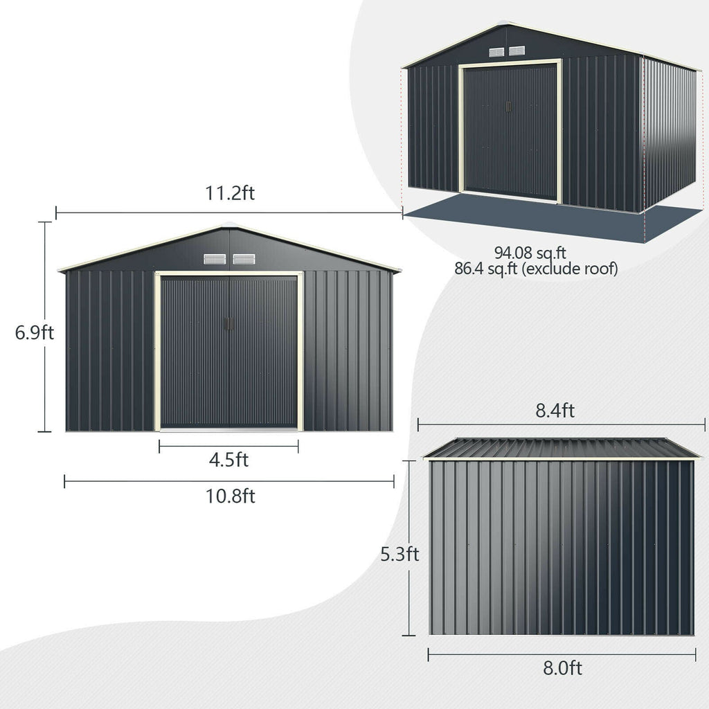 Large Outdoor Metal Storage Backyard Shed W/ Lockable Sliding Doors, 11' x 8' (93064172) - Zoom Measurement View