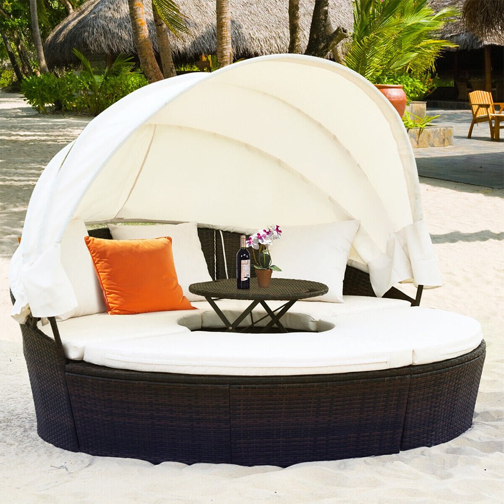 Large Outdoor Patio Rattan Daybed Sofa W/ Adjustable Table Top, Canopy & 3 Pillows, 76'' (91254763) - Full View
