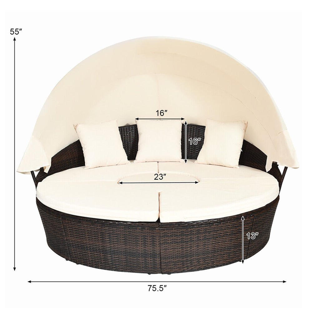 Large Outdoor Patio Rattan Daybed Sofa W/ Adjustable Table Top, Canopy & 3 Pillows, 76'' (91254763) -Measurement View