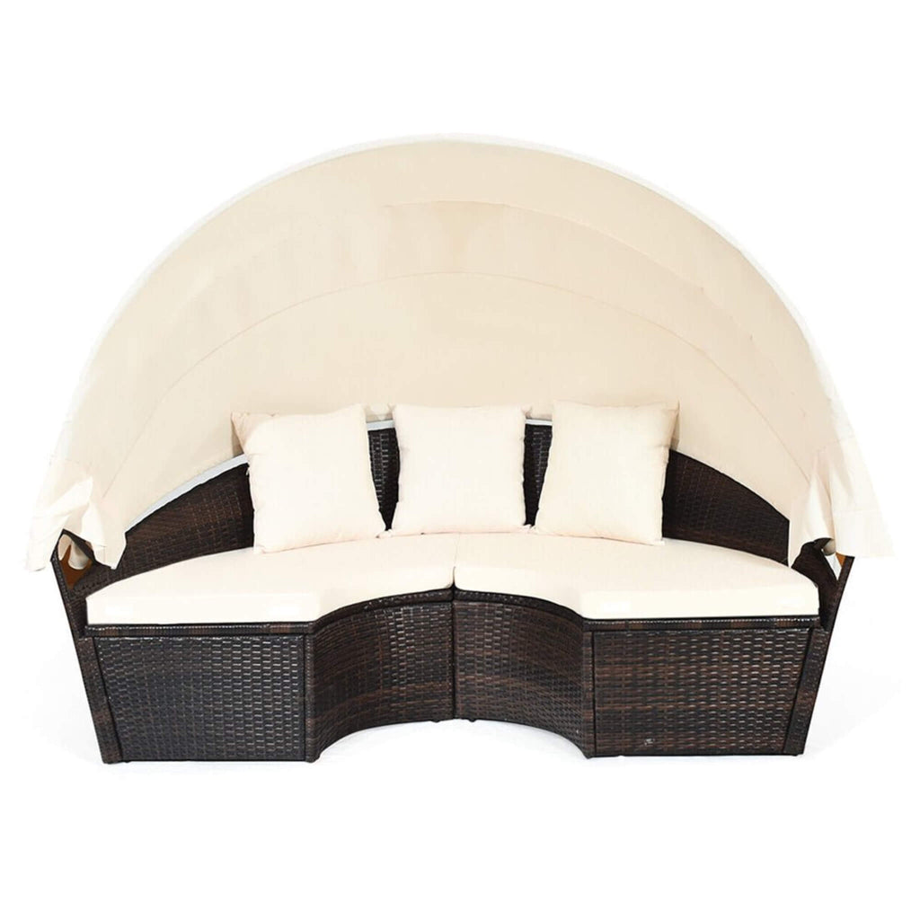 Large 76-Inch Outdoor Patio Rattan Daybed Sofa W/ Adjustable Table Top, Canopy & 3 Pillows (SAK91254) - Saksby Wholesale - Front View