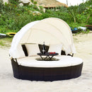 Large 76-Inch Outdoor Patio Rattan Daybed Sofa W/ Adjustable Table Top, Canopy & 3 Pillows (SAK91254) - Saksby Wholesale - Lifestyle Front Right View