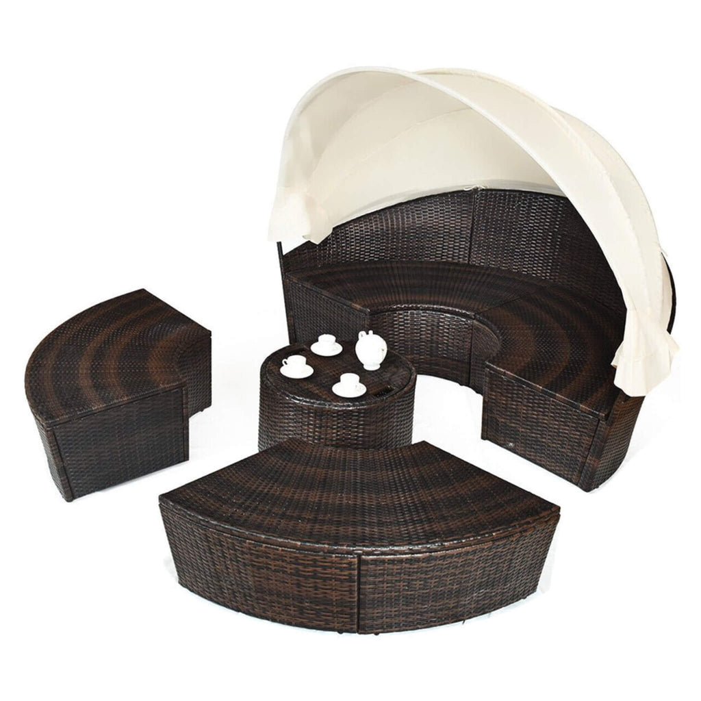 Large 76-Inch Outdoor Patio Rattan Daybed Sofa W/ Adjustable Table Top, Canopy & 3 Pillows (SAK91254) - Saksby Wholesale - Side View