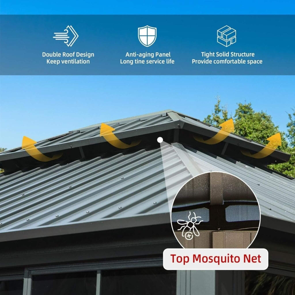 [12X14FT] Alora Veranda Large Heavy-Duty All-Season Steel Top Aluminum Double Roof Backyard Sunroom (SAK97284) - Saksby Wholesale - Top Mosquito Net Features