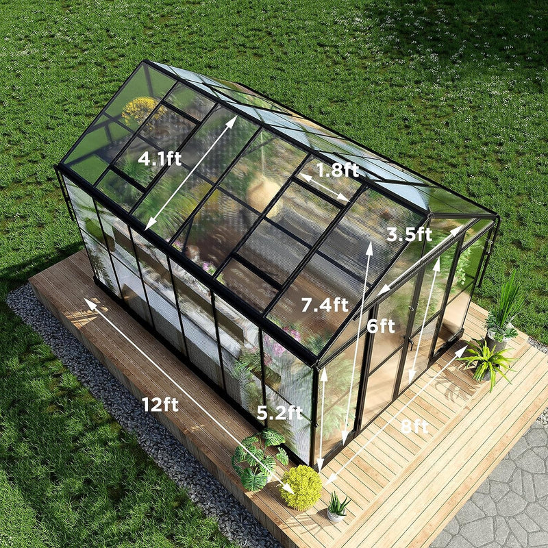 Large Premium Outdoor Aluminum Polycarbonate Greenhouse With Double Swing Doors, 12x8x7.5FT (92641573) - SAKSBY.com - Greenhouses - SAKSBY.com