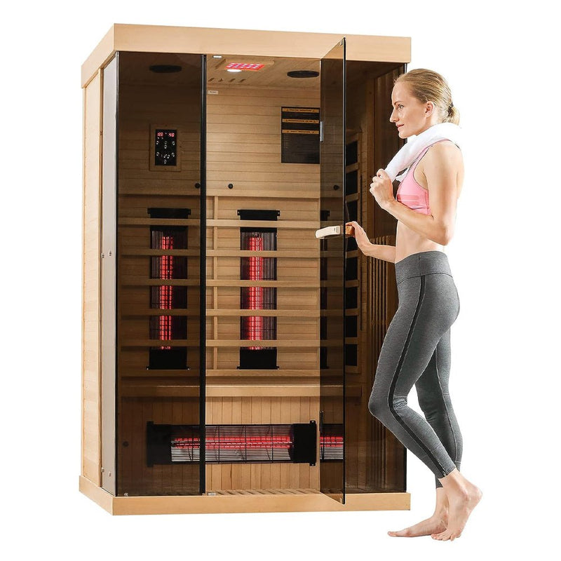Luxury 2-Person Low Emf FAR Infrared Heat Wood Home Personal Spa Sauna W/ Panoramic Tempered Glass,  - Demonstration View