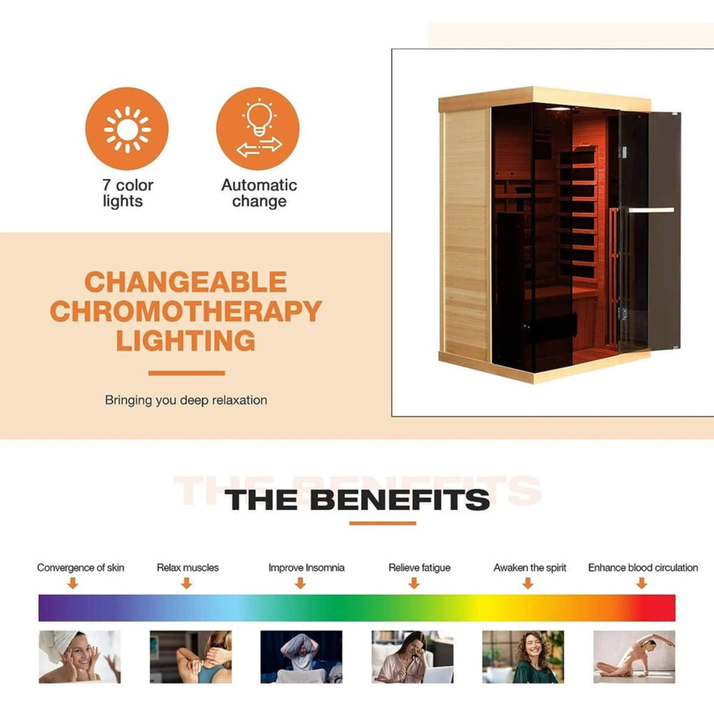 Luxury 2-Person Low EMF FAR Infrared Heat Wood Home Personal Spa Sauna W/ Panoramic Tempered Glass, 2000W (SAK27481) - Saksby Wholesale - Benefits Details