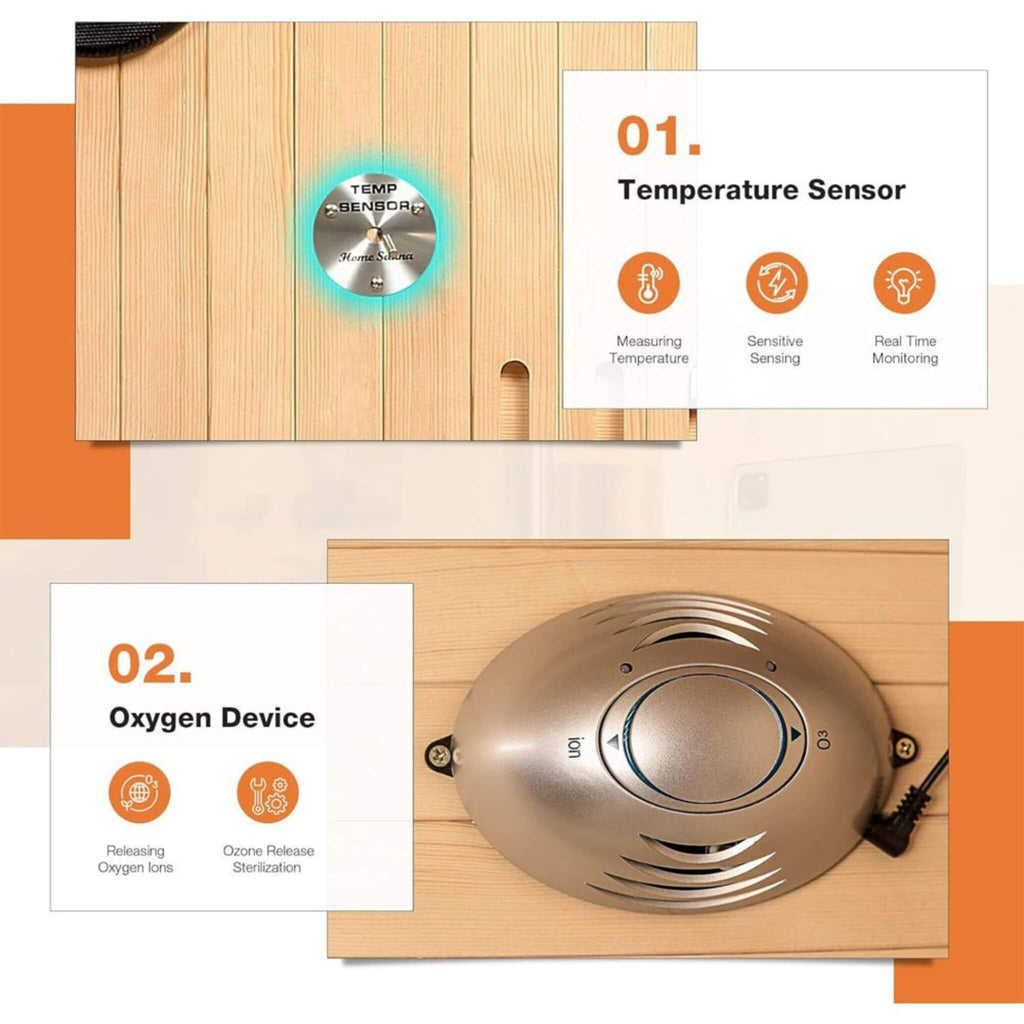 Luxury 2-Person Low EMF FAR Infrared Heat Wood Home Personal Spa Sauna W/ Panoramic Tempered Glass, 2000W (SAK27481) - Saksby Wholesale - Features