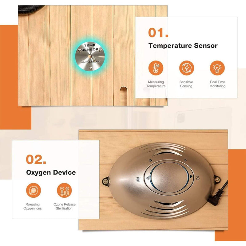 Luxury 2-Person Low EMF FAR Infrared Heat Wood Home Personal Spa Sauna W/ Panoramic Tempered Glass, 2000W (SAK27481) - Saksby Wholesale - Features