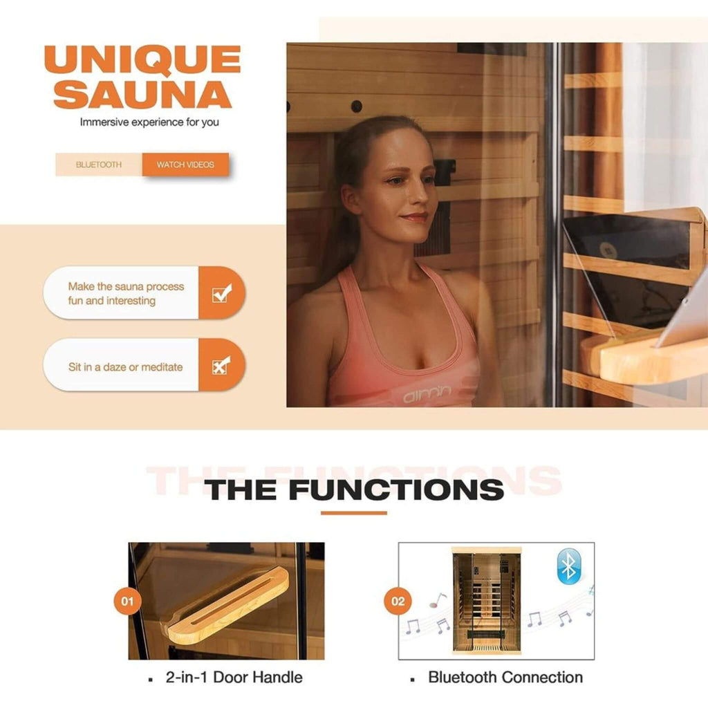 Luxury 2-Person Low EMF FAR Infrared Heat Wood Home Personal Spa Sauna W/ Panoramic Tempered Glass, 2000W (SAK27481) - Saksby Wholesale - Function Details