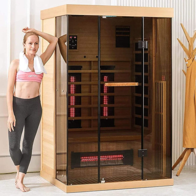 Luxury 2-Person Low EMF FAR Infrared Heat Wood Home Personal Spa Sauna W/ Panoramic Tempered Glass, 2000W (SAK27481) - Saksby Wholesale - Lifestyle