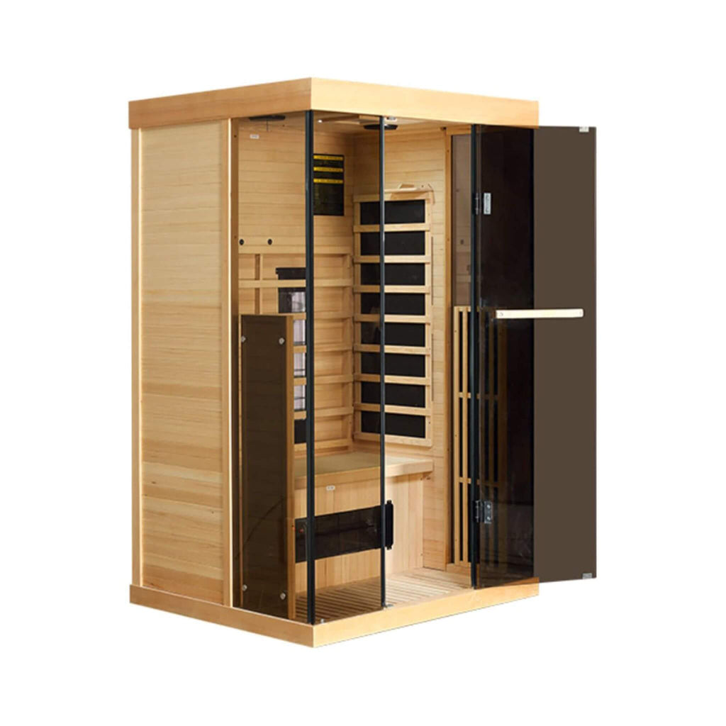 Luxury 2-Person Low EMF FAR Infrared Heat Wood Home Personal Spa Sauna W/ Panoramic Tempered Glass, 2000W (SAK27481) - Saksby Wholesale - Side View