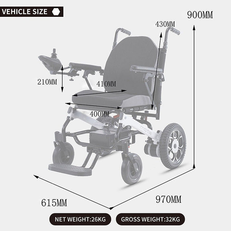 MATE Lightweight Foldable Electric Dual Motor Power Motorized Mobility Wheelchair, 220LBS (91879245) -- Measurement View