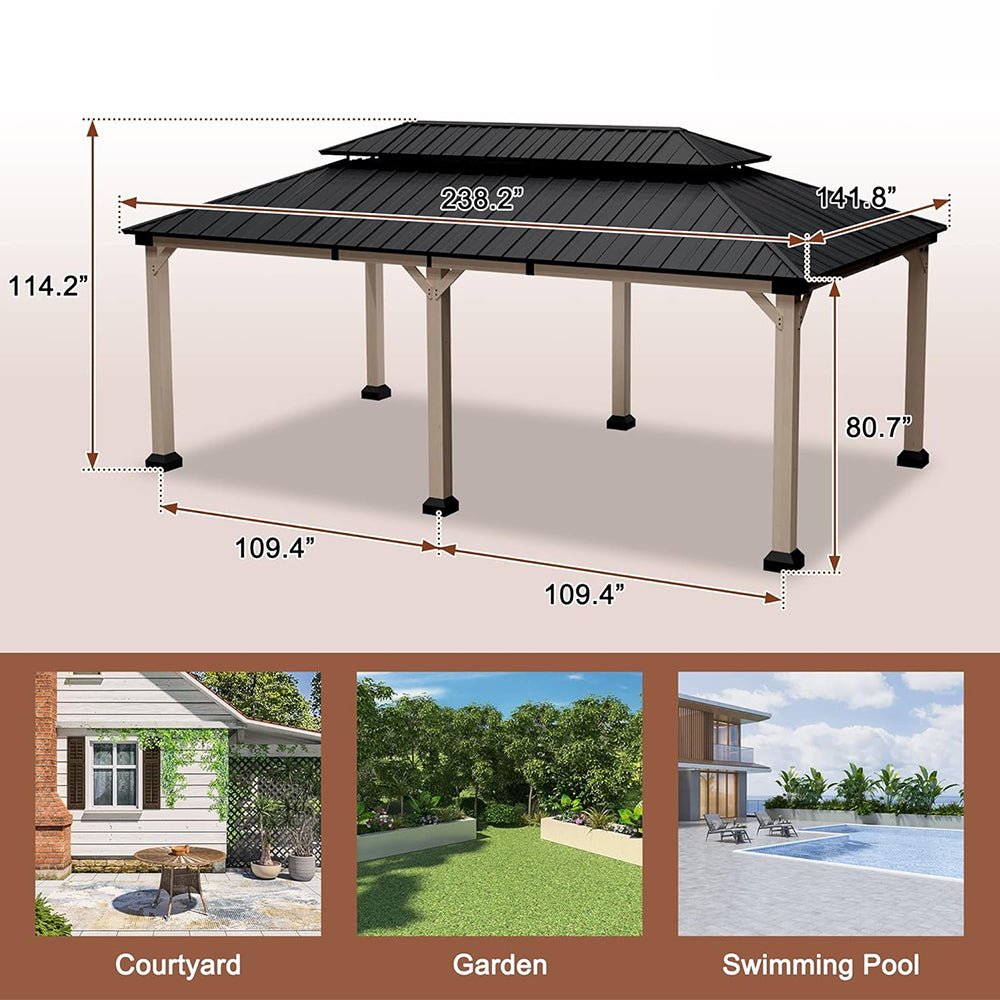 MDW Heavy Duty Backyard Cedar Wood Steel Hardtop Double Roof Gazebo Canopy, 12x20FT (95726813) - SAKSBY.com - Canopies & Gazebos - SAKSBY.com