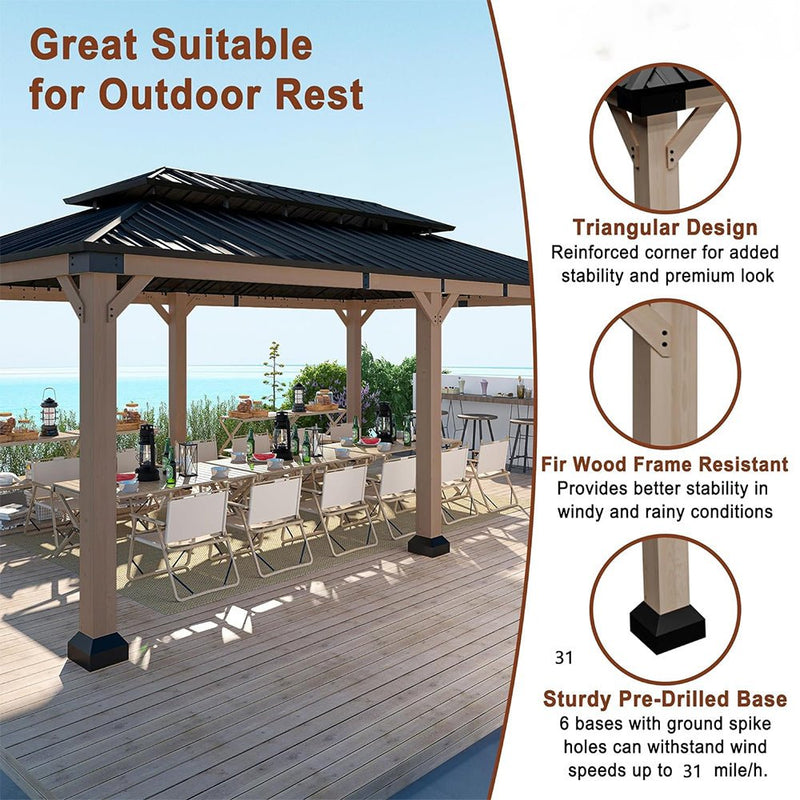 MDW Heavy Duty Backyard Cedar Wood Steel Hardtop Double Roof Gazebo Canopy, 12x20FT (95726813) - SAKSBY.com - Canopies & Gazebos - SAKSBY.com