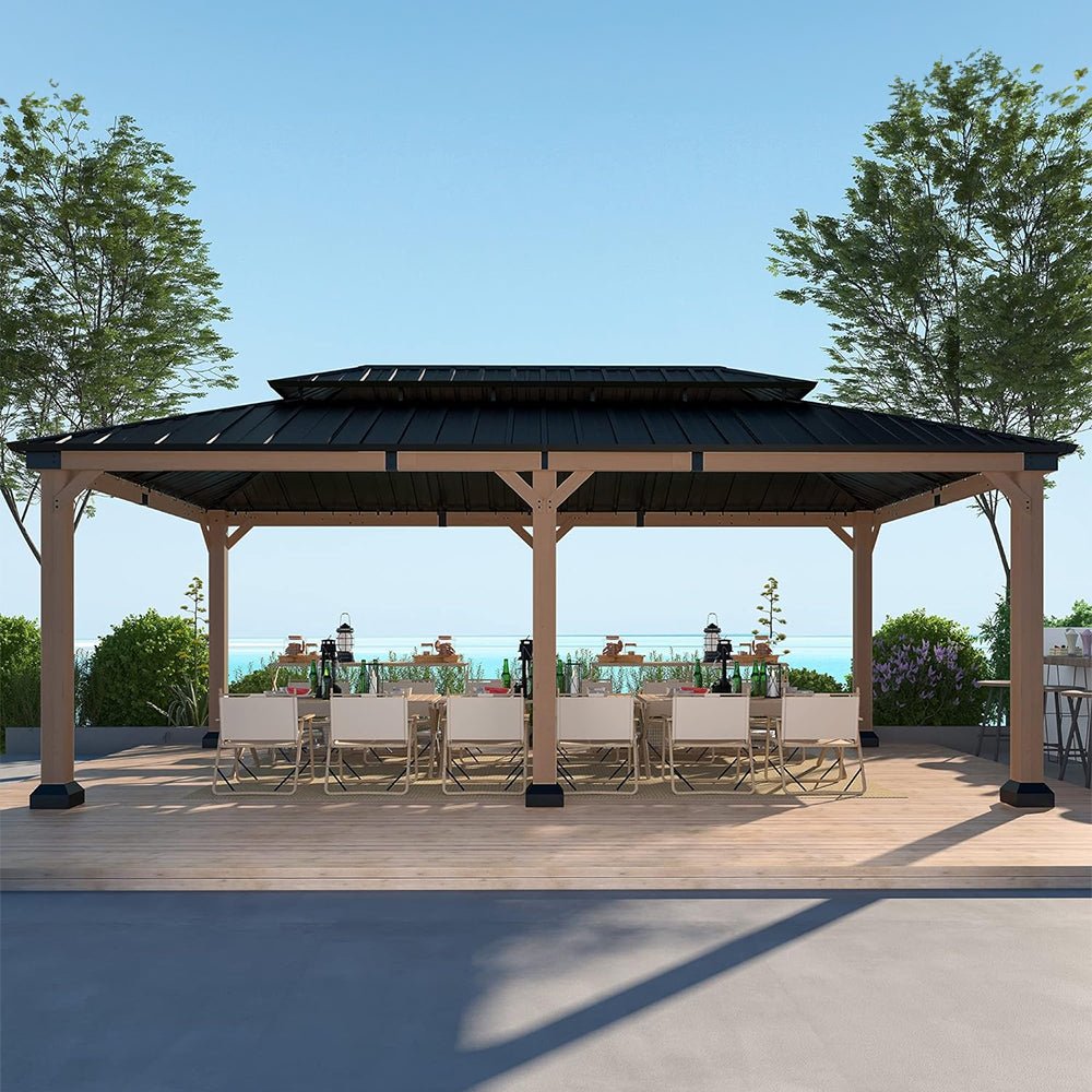 MDW Heavy Duty Backyard Cedar Wood Steel Hardtop Double Roof Gazebo Canopy, 12x20FT (95726813) - SAKSBY.com - Canopies & Gazebos - SAKSBY.com