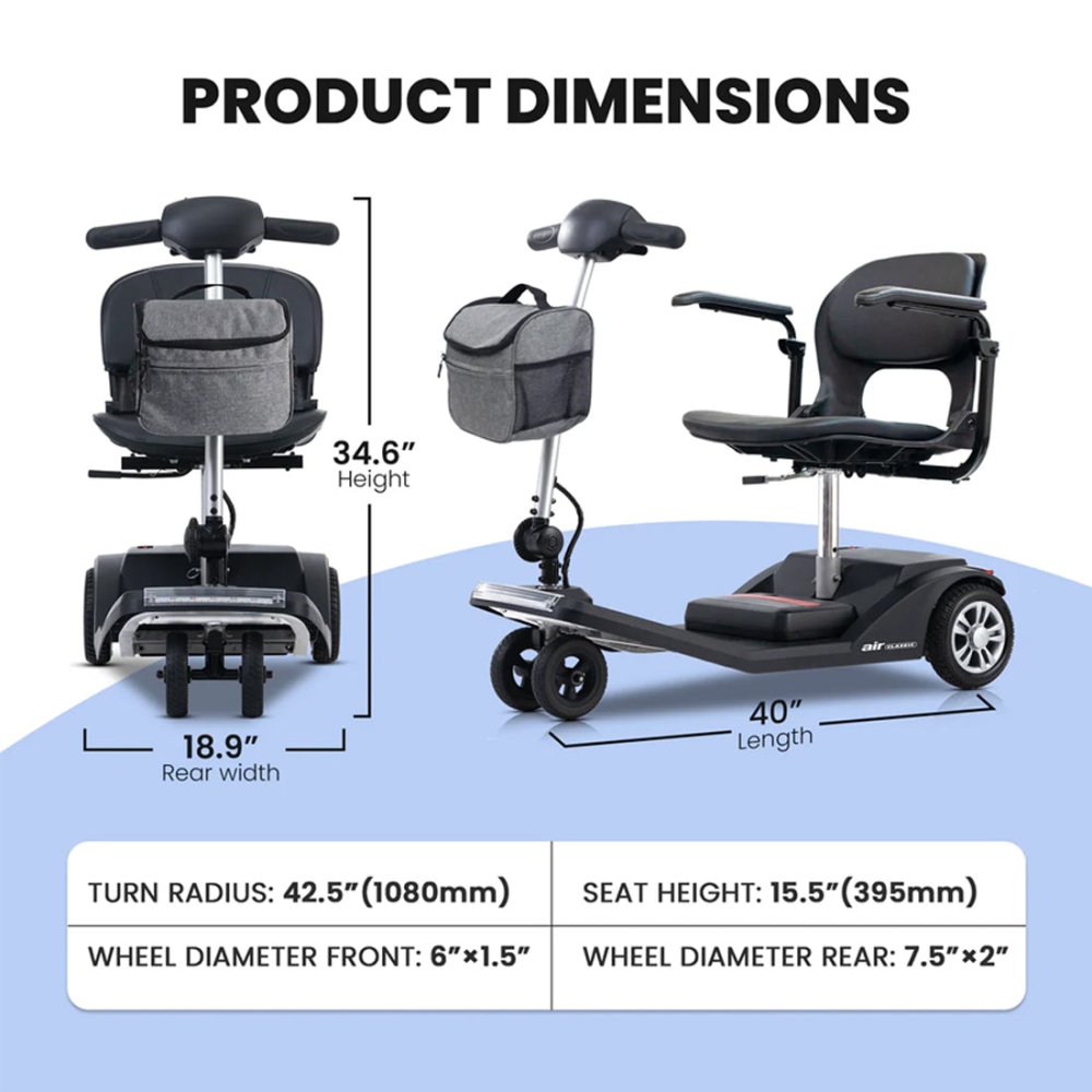 METRO MOBILITY Air Classic Electric 24V/12AH 250W Airline Approved Portable Folding Mobility Scooter, 265LBS (96425371) - SAKSBY.com - Mobility Scooters - SAKSBY.com