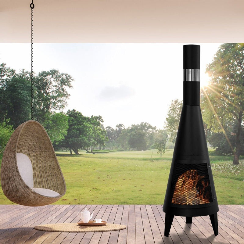 Modern Black 64" Outdoor Patio Wood Burning Chiminea Fireplace Fire Pit Heater With Poker (97352814) - Demonstration View