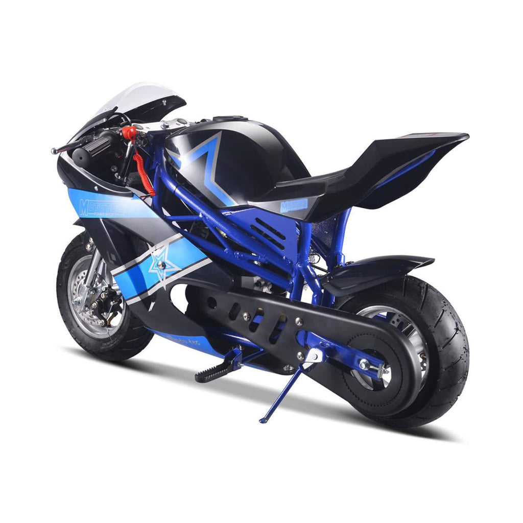 MotoTec GT 49CC 2-Stroke Premium Air Cooled Gas Pocket Bike Blue - Saksby Wholesale - Back Left View