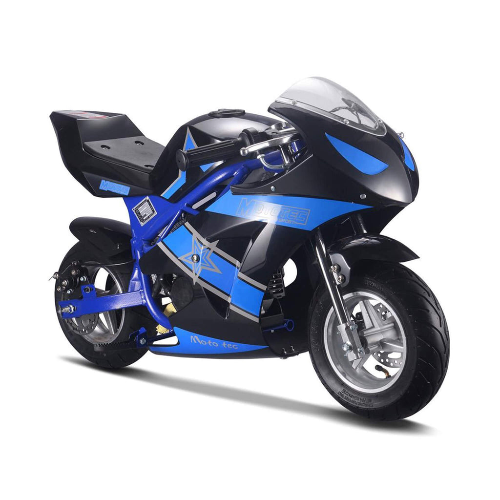 MotoTec GT 49CC 2-Stroke Premium Air Cooled Gas Pocket Bike Blue - Saksby Wholesale - Front Right View