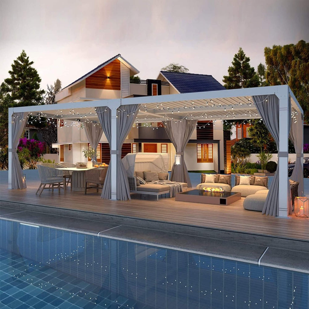 [12x20FT] YLN Outdoor Hardtop Louvered Pergola With Adjustable Aluminum Rainproof Roof (SAK18625) - Saskby Wholesale - Night Lifestyle View